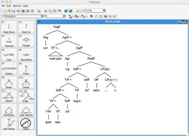 Laden Sie das Web-Tool oder die Web-App TreeForm Syntax Tree Drawing Software herunter, um sie online unter Linux auszuführen