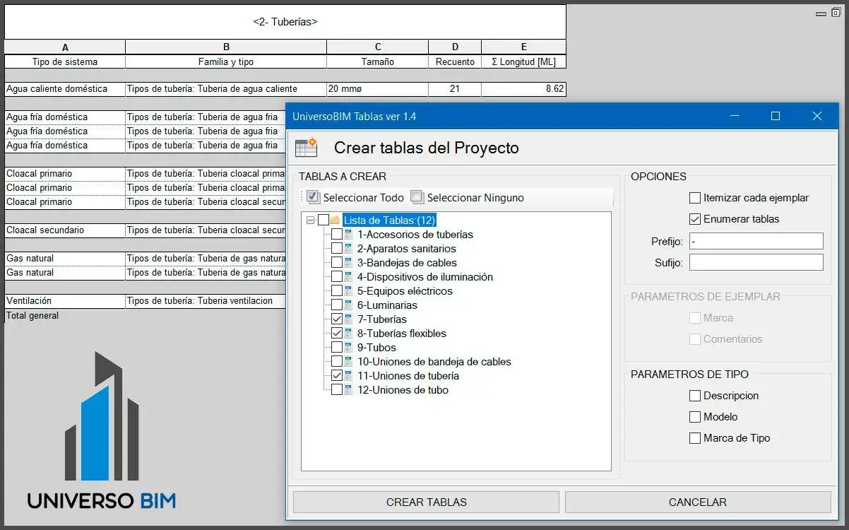 Web aracını veya web uygulamasını indirin Universo BIM Tablas