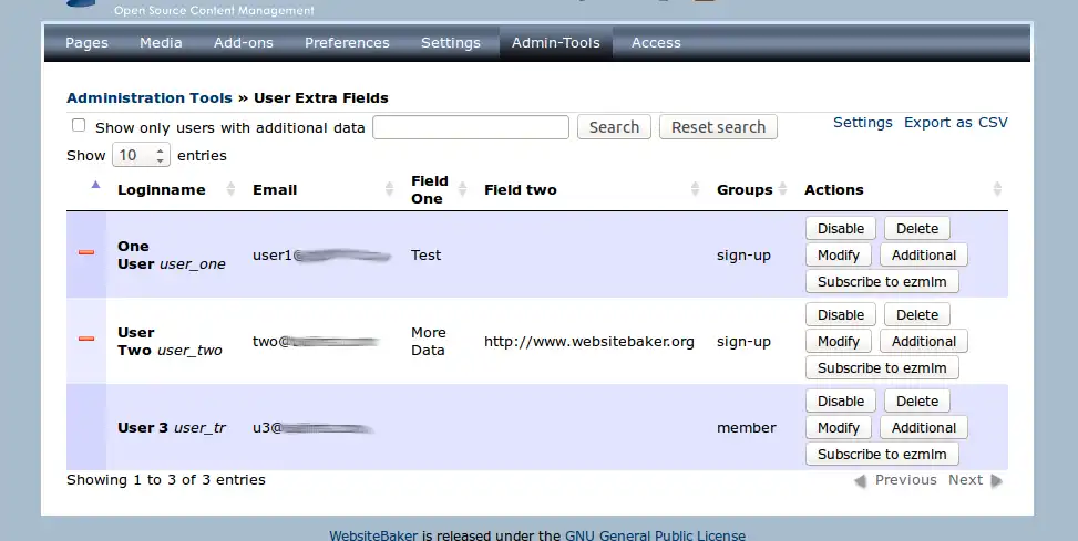 Download web tool or web app User Extra Fields module WebsiteBaker