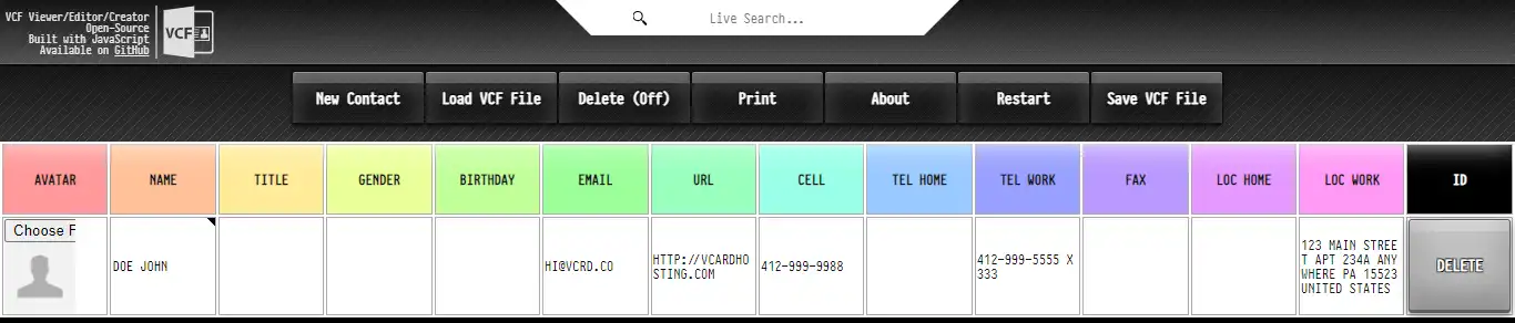 Baixe a ferramenta da web ou o aplicativo da web VCF-Virtual-Contact-File-Manager-in-JS