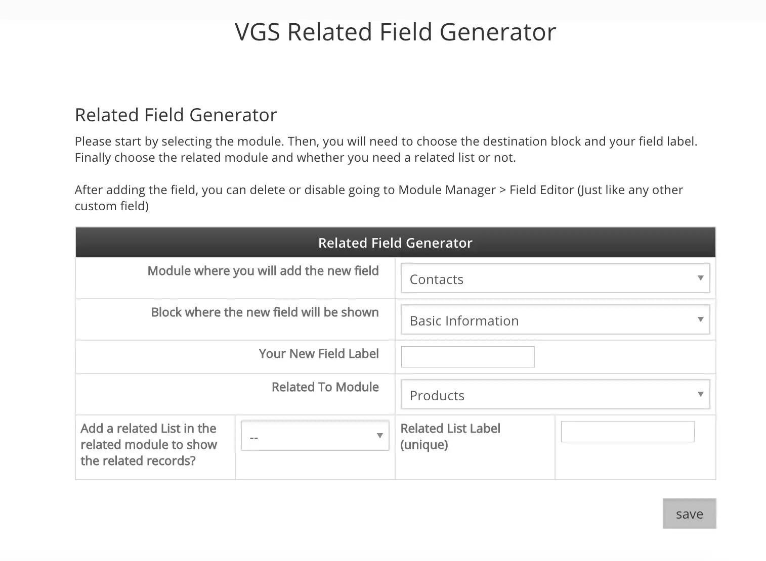 Pobierz narzędzie internetowe lub aplikację internetową Generator pól związanych z VGS