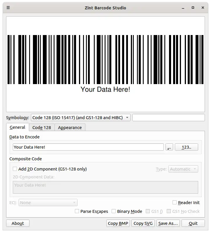 Загрузите веб-инструмент или веб-приложение Zint Barcode Generator